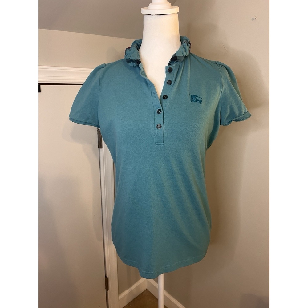 Burberry Brit Women's Green Polo Shirt Check Rush Collar Size S Embroidered Logo